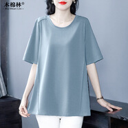 木棉林（mumianlin）精棉短袖T恤胖妹妹mm寬松大碼女裝2025年夏裝新款遮肚子顯瘦上衣 淺藍(lán)色 4XL 推薦180-200斤