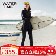 WATERTIME游泳衣女士長(cháng)袖長(cháng)褲分體防曬泳衣連帽速干遮肚顯瘦微胖遮肉游泳裝 黑色上衣+短裙+長(cháng)褲(三件套) S