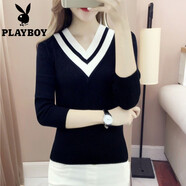 花花公子（PLAYBOY）2025秋季新款,潮流女上衣v領(lǐng)韓版修身,毛衣,長(cháng)袖。 黑色 S 建議體重   75-85