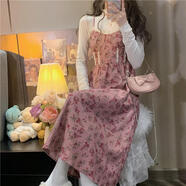 LMVXRM25秋季法式仙碎花連衣裙顯瘦連衣裙女內(nèi)搭打底裙子大碼胖mm 粉紅色+白色 【連衣裙+打底衫】 S 【80 -95斤】