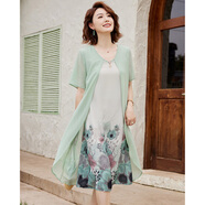 帕絲特時(shí)尚假兩件印花雪紡寬松大碼飄逸媽媽裝中老年連衣裙 淺綠 3XL