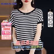 羅蒙（ROMON）100真絲桑蠶 絲短袖t恤女夏季新款條紋圓領(lǐng)寬松大碼上衣蝙蝠衫短 黑白 M(100-110斤) 均碼