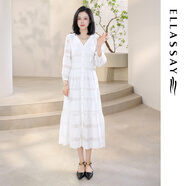 歌力思（ELLASSAY）【張婧儀同款】初戀小白裙新款100%桑蠶絲法式鏤空真絲連衣裙 白色織繡花-小個(gè)子版 M