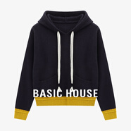 百家好（Basic House）Basic House/百家好套頭連帽毛衣女25秋冬撞色邊口袋抽繩短款上衣 藏青 S