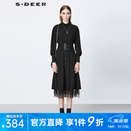 sdeer圣迪奧春秋季女裝休閑翻領(lǐng)收腰網(wǎng)紗拼接襯衫連衣裙S21381207 黑色/91 S/160