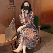 AEMAPE法式V領(lǐng)設(shè)計感藝術(shù)連衣裙女時尚復(fù)古印花寬松顯瘦碎花裙民族風(fēng) 花色 L -105-115斤