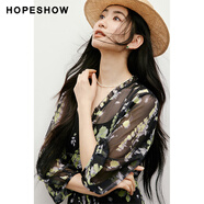 紅袖（hopeshow）復(fù)古碎花連衣裙90125111606 黑底黃花 S