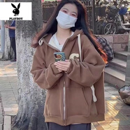 花花公子vintage復(fù)古開衫連帽衛(wèi)衣男女秋冬寬松bf慵懶風(fēng)加絨加厚外套ins潮 咖啡色(薄款) 好質(zhì)量 M 建議90-105斤