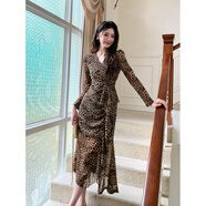 家隆名秀2025秋冬新款收腰顯瘦女神連衣裙 豹紋 S