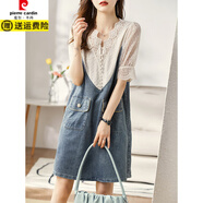 皮爾卡丹（pierre cardin）蕾絲短袖拼接牛仔裙子女夏2025年新款時(shí)髦洋氣寬松大碼顯瘦連衣裙 圖片色18 XL 建議120-135斤