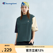 Champion冠軍短袖t恤女士新款刺繡拼色半袖潮牌上衣純棉 深綠色拼接 L