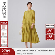 例外（EXCEPTION）女裝春夏款連衣裙亞麻抽褶設(shè)計(jì)中長(zhǎng)袖系帶A字襯衫裙 土黃1/19 S