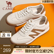 駱駝（CAMEL）板鞋男柔軟舒適德訓鞋新款男士時(shí)尚T頭鞋真皮休閑鞋子 G14A547721 白/杏 40