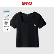 SPAO韓國同款刺繡小熊短袖t恤女夏季方領(lǐng)修身顯瘦上衣女SPDX25AT06LD 黑#SP紅帽子熊 L