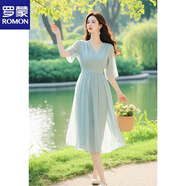 羅蒙藍(lán)色雪紡收腰連衣裙夏薄荷曼波法式時(shí)尚海邊度假大方得體顯瘦顯高 淺藍(lán)色 M 【建議105斤內(nèi)】