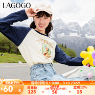 lagogo撞色拼接打底衫純棉T恤女拉谷谷復(fù)古休閑長(zhǎng)袖百搭舒適上衣 白藏青(VM) S 155/36