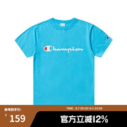 Champion夏季經典款印花草寫LOGO圓領休閑運動T恤無性別冠軍短袖男女情侶 湖藍色 M