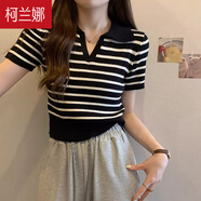 柯蘭娜女裝夏季條紋冰絲針織衫正肩短袖T恤顯瘦Polo領(lǐng)短款上衣 黑色條紋 L 【建議100-120斤】