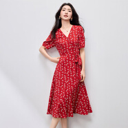 尚都比拉（Sentubila）碎花連衣裙女夏季2025新款系綁帶通勤印花收腰顯瘦魚尾裙 紅底花色 S