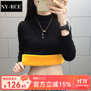NY-RCE半高領(lǐng)加絨毛衣打底衫女新款秋冬女士加厚保暖修身內(nèi)搭針織衫 黑色((純色袖) 加絨 S
