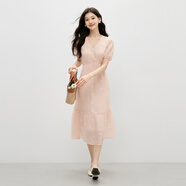 秋水伊人藍色連衣裙V領(lǐng)裙子女 2025夏新款氣質(zhì)通勤時尚收腰連身裙 粉紅 S