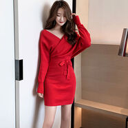 性感女裝秋冬2024新款V領(lǐng)針織連衣裙蝙蝠袖收腰綁帶包臀毛衣裙子 紅色 均碼 均碼