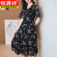 恒源祥夏季新品氣質(zhì)V領(lǐng)雪紡碎花連衣裙200斤大碼女裝2025仙女過(guò)膝長(cháng)裙女 黑色 XL