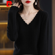 皮爾卡丹V領(lǐng)毛衣女寬松顯瘦打底衫秋冬季低領(lǐng)黑色遮肉大碼花邊保暖針織衫 黑色【V領(lǐng)】 L