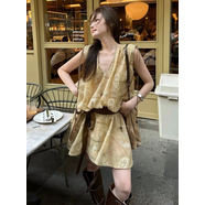 桔梗連衣裙法式領(lǐng)抽繩腰封背心連衣裙女夏季復古氣質(zhì)寬松收腰暈染 卡其腰果花【連腰帶】 S 【80-100斤】