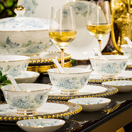 瓷雄景德鎮(zhèn)餐具整套輕奢高檔骨瓷碗碟套裝家用喬遷送禮陶瓷碗筷盤組合 高溫瓷可微波爐丨錦繡皮箱裝 92頭