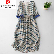 皮爾卡丹（pierre cardin）高端亞麻苧麻波點(diǎn)連衣裙女2025夏季新款寬松遮肚收腰棉麻綿綢長(cháng)裙 圖片色 M 建議90-110斤