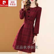 皮爾卡丹（pierre cardin）品牌女裝毛呢格子連衣裙女2023秋冬新款氣質(zhì)袖拉鏈修身a字裙 紅色 2XL