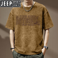 JEEP SPIRIT吉普美式重磅水洗腰果花短袖t恤男夏季寬松大碼體恤潮牌休閑半袖 黃色 XL 適合150-170斤