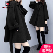 AEMAPE 毛呢大衣女2025春秋季新款藏肉寬松時(shí)尚呢子外套女中長款 黑色（外套+裙子） 2XL _（建議151-170斤）