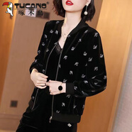 啄木鳥(niǎo)（TUCANO）金絲絨短款外套女秋季2025新款大|碼媽媽韓版寬松洋氣棒球服夾克 5008小天鵝金絲絨 3XL