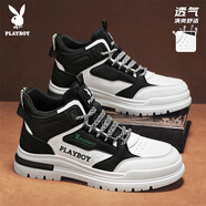 花花公子（PLAYBOY）男鞋子男2025春季高幫板鞋男士百搭透氣休閑馬丁鞋 白黑 39