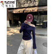 啄木鳥(niǎo)（TUCANO）純·棉長(cháng)袖t恤女顯白藏藍色喇叭袖露肩辣妹時(shí)髦純欲風(fēng)斜領(lǐng)打底上 藏藍色 M
