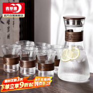 青蘋果耐熱玻璃杯子水壺套裝 新中式豎紋家用耐高溫防燙泡茶水杯 1壺6杯