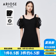艾諾絲雅詩【商場同款】夏新珍珠網(wǎng)紗泡泡袖短袖小清新小黑裙連衣裙10429006 黑色 S