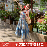 森女部落原創(chuàng)度假風(fēng)不規(guī)則格紋顯瘦甜美掛脖吊帶連衣裙女大裙擺 藍(lán)色（單件） S