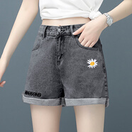 冉藝嵐韓版高腰刺繡牛仔短褲女寬松夏季潮款2025新款熱褲小雛菊 灰色 M _26-27