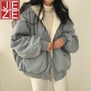 JEZE韓國chic休閑氣質(zhì)寬松加絨加厚兩面穿羊羔毛棉服女外套秋冬季棉衣 藍色 M 【建議85-100斤】