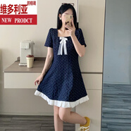 維多利亞的格調(diào)夏季新款甜美減齡少女風(fēng)蕾絲花邊蝴蝶結(jié)設(shè)計(jì)方領(lǐng)修身小個(gè)子牛仔裙 深藍(lán)色 L 建議106-115斤