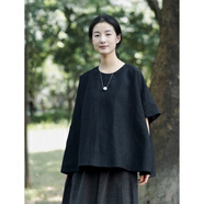 知筆墨夏季寬松黑色真絲顯瘦上衣女 老錢風(fēng)香云紗桑蠶絲T恤 墨黑 均碼