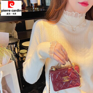 皮爾卡丹小香風(fēng)半高領(lǐng)長(cháng)袖內搭打底衫女秋裝珍珠毛衣2025秋冬蕾絲針織上衣 白色 均碼 80-140斤可穿