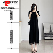 皮爾卡丹（pierre cardin）2025夏季新款流蘇下擺短袖裙子高個(gè)子加長款遮肚子修身連衣裙半袖 黑色/110裙長 卡碼拍大 XL 110-120斤
