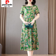 皮爾卡丹（pierre cardin）高端輕奢碎花雪紡短袖連衣裙女夏大碼寬松連身裙氣質(zhì)媽媽a字裙子 綠油畫 2XL 【建議體重 115-120斤】