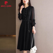 皮爾卡丹（pierre cardin）早秋連衣裙女2025年新款女裝氣質(zhì)高端女神范修身減齡春款長袖裙子 黑色 M 80-105