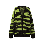 綠色斑馬紋毛衣開(kāi)衫外套女秋冬加厚復古寬松慵懶風(fēng)馬海毛針織上衣 條紋毛衣 S