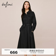 伊芙麗襯衫式腰帶收腰通勤職場羊毛連衣裙2023冬裝新款通勤裙子 黑色 S 155/80A